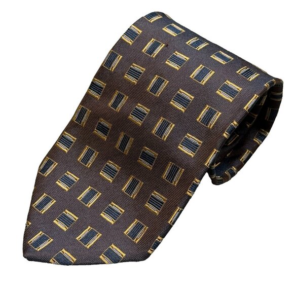 Hugo Boss Tie 100% Silk Woven Box Pattern Made in Italy Brown 3.75" - Picture 1 of 5